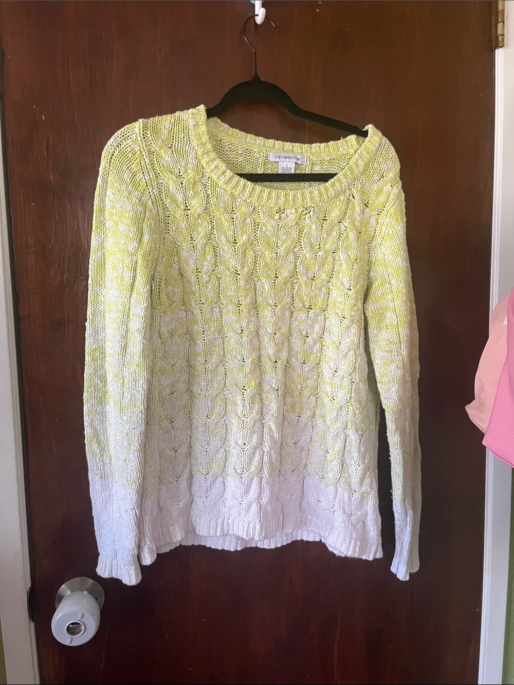 Liz Claiborne Yellow and White Cable Knit Scoop Neck Sweater